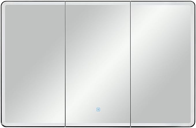 IDYLLOR Lighted Bathroom Medicine Cabinet with Round Corner Framed Mirror Door 40 x 25.5 inch, Recessed or Surface Mount, with Adjustable Glass Shelves