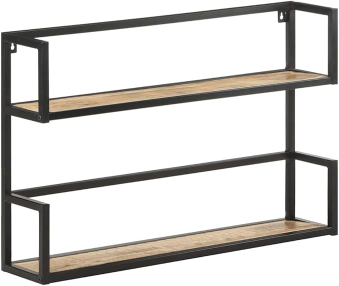Industrial Wall Shelf, 2-Tier Floating Shelves with Powder-Coated Iron Frame, Rustic Rough Mango Wood Storage Rack for Living Room, Bedroom, Bathroom, 31.5 x 7.9 x 23.6 Inches