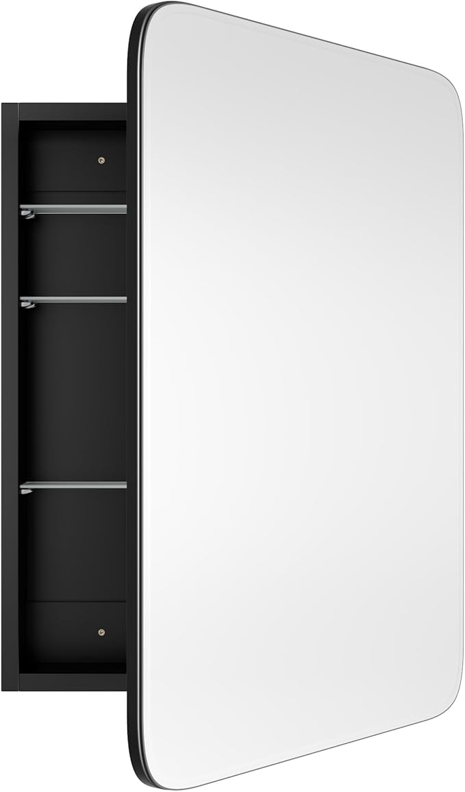 AGDULL Bathroom Wood Black Cabinet with 20''x30'' Curved Mirror, Recessed Medicine Cabinet, Bathroom Storage Cabinet