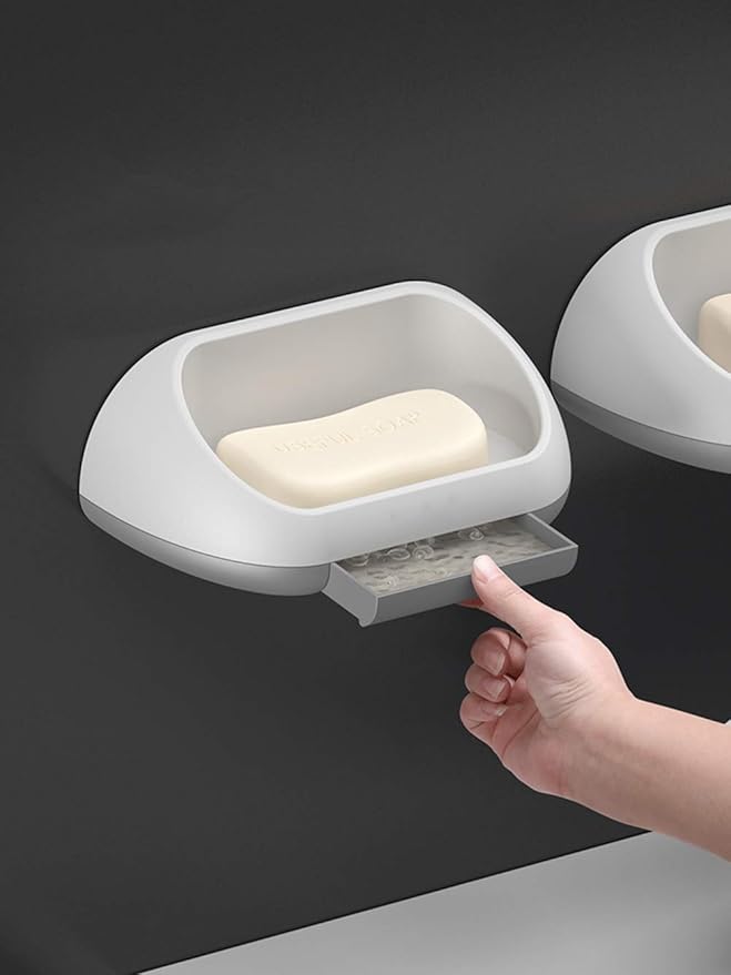 WFF Travel Soap Box, Bathroom Supplies, Multi-Function Automatic Drain Soap Bar, Non-Perforated, with Suction Cup, Wall-Mounted, Set of 2 (Color : B)