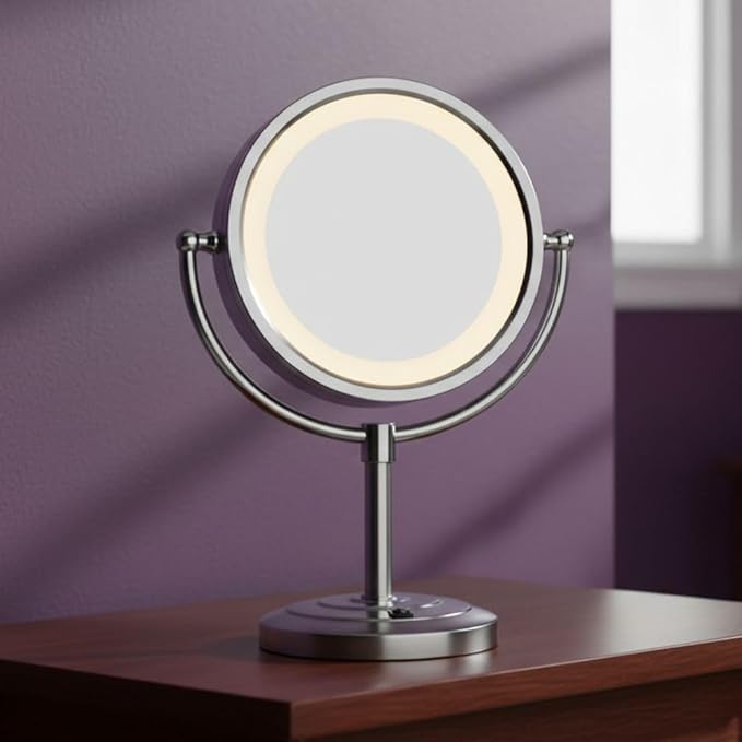 JERDON Lighted Tabletop Makeup Mirror - LED Lighted Vanity Mirror with 1X and 5X Magnification in Nickel Finish - Model HL745NC