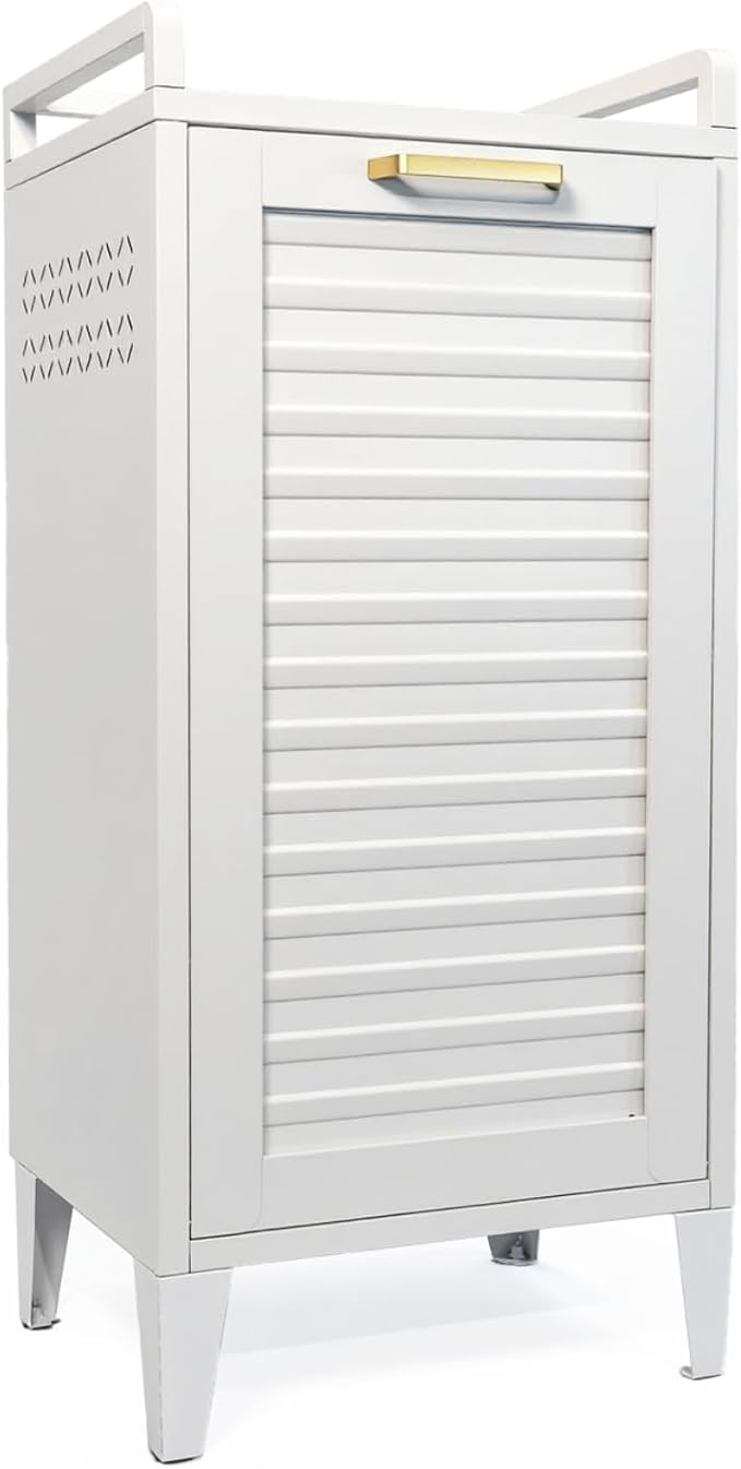 Tilt-Out Laundry Hamper Cabinet, 13 Gallon Clothes Basket with Golden Handle, Hidden Laundry Cabinet with Laundry Storage Basket for Bathroom, Laundry Room, Bedroom - White