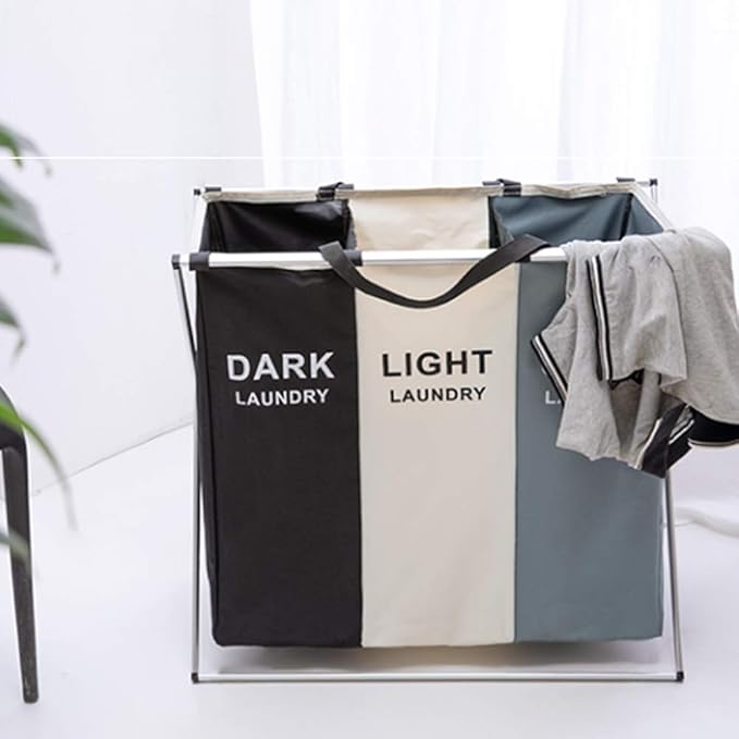 Nicesail 3 Section Laundry Basket Printed Dark Light Color, Foldable Hamper/Sorter with Waterproof Oxford Bags and Aluminum Frame, Washing Clothes Storage for Home, Dormitary Multicolored