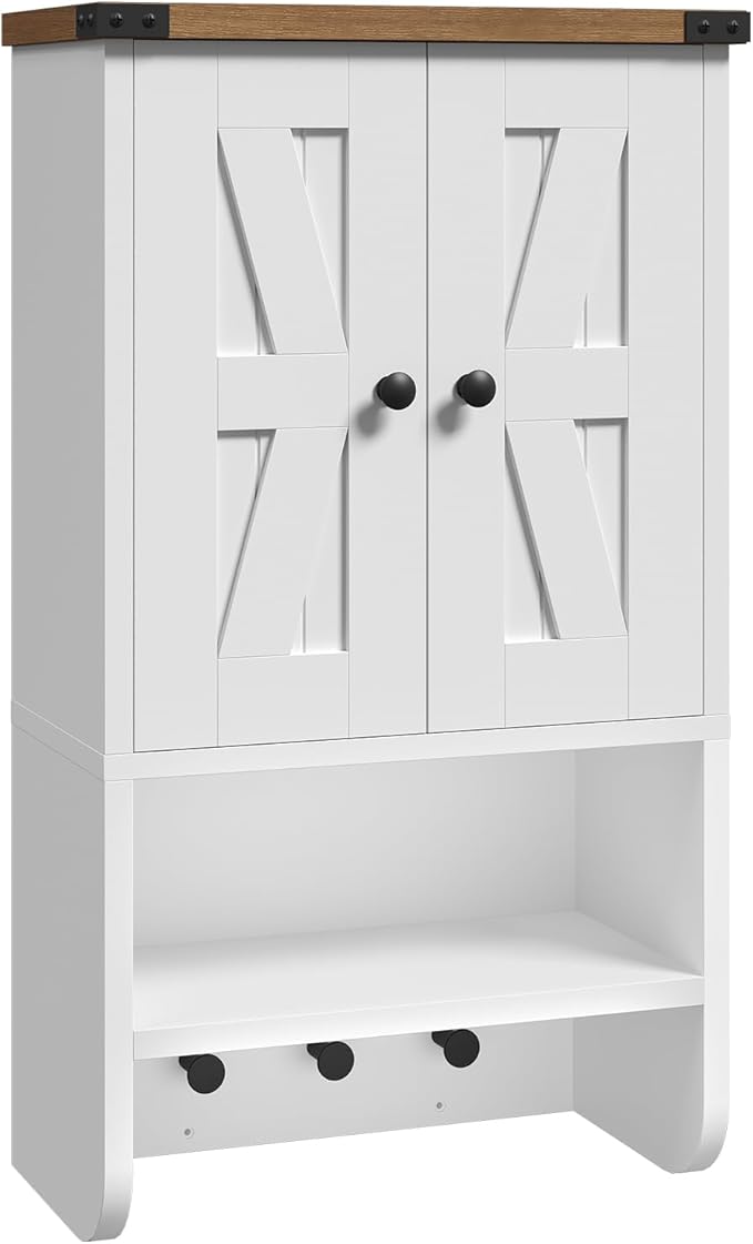 MAHANCRIS Bathroom Wall Cabinet, Farmhouse Medicine Cabinet with Adjustable Shelf, 3-Tier Wall-Mounted Storage Cabinet with 3 Hooks and Open Shelf, for Bathroom, Living Room, Kitchen, White and Walnut
