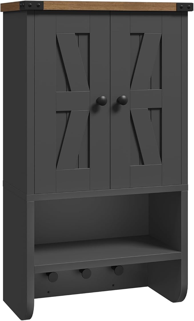 MAHANCRIS Bathroom Wall Cabinet, Farmhouse Medicine Cabinet with Adjustable Shelf, 3-Tier Wall-Mounted Storage Cabinet with 3 Hooks and Open Shelf, for Bathroom, Living Room, Kitchen, Black and Walnut
