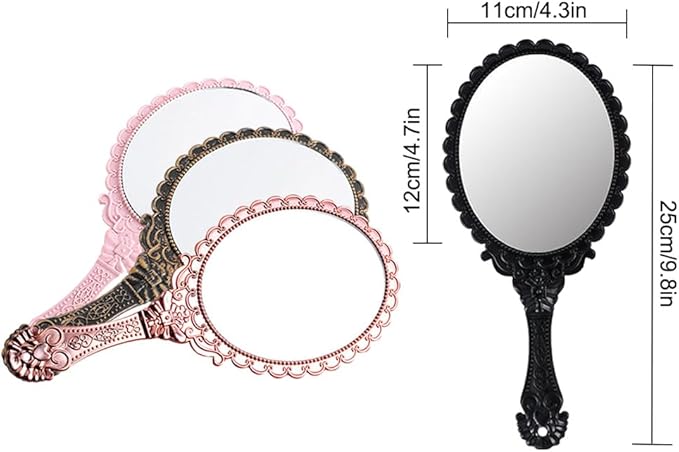 AKOAK Vintage Handheld Makeup Mirror, Exquisite Embossed Decorative Handle Makeup Mirror Portable Travel Mirror for Girls and Ladies (Oval, Black)