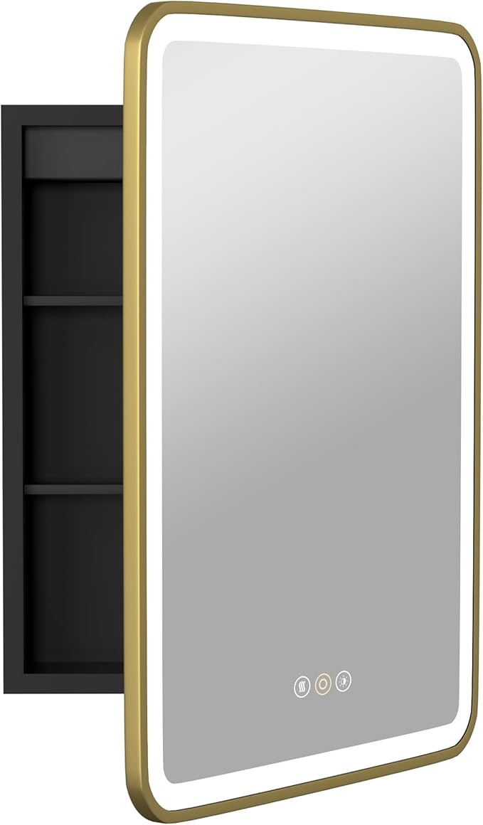 Medicine Cabinet with LED Lights and Mirror, 20W x 28H Inch Wall or Recessed Mounted Bathroom Cabinet with Right Hinge, Storage Shelf, Defogger, Memory Function, 3-Color Mode, Dimmer, Gold