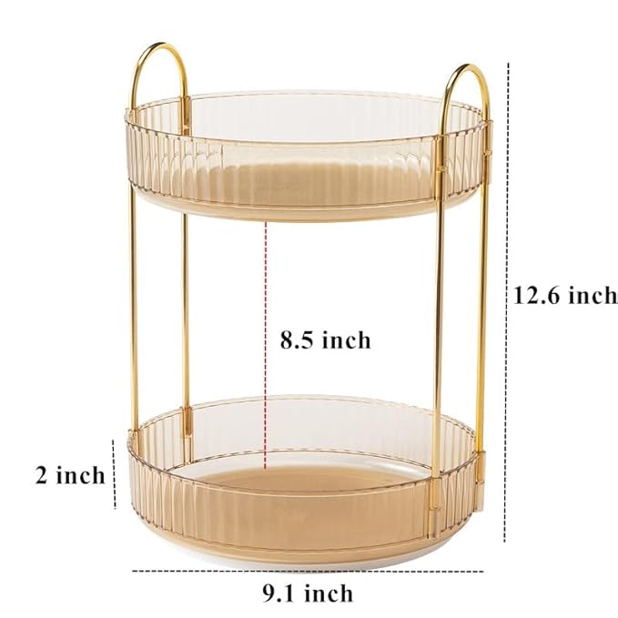 Makeup Organizer for Vanity, 360° Rotating Bathroom Organizer Countertop, High-Capacity Skincare Organizer, Spinning Cosmetics Organizer for Dresser Countertop (2 Tiers, Amber)