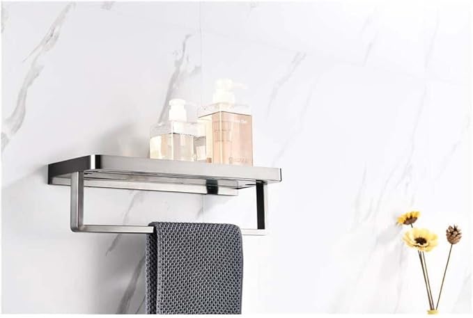 HomeStock Bagno Bianca Stainless Steel Black Glass Shelf with Bar in Gun Metal