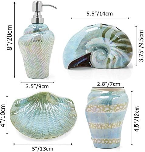 Ocean Conch Sea Shell Ceramic Bathroom Accessories Set of 4,1 Gargle Cups 1 Toothbrush Holders 1 Soap Dishes 1 Soap Dispenser (Green)
