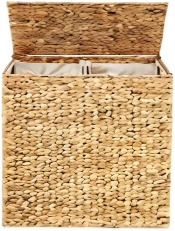 Best Choice Products Large Double Laundry Hamper with Lid, Natural Handwoven Water Hyacinth, 2 Sections w/ 2 Machine Washable Linen Liner Bags, Portable, Handles - Natural