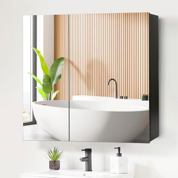Movo 32 Inch x 28 Inch Mirrored Medicine Cabinet, Frameless Black Medicine Cabinet for Bathroom with Mirror,Surface Mount Bathroom Medicine Cabinet with Storage