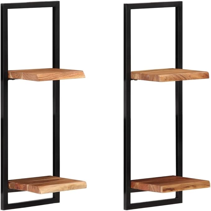 Set of 2 Rustic Floating Shelves, Solid Acacia Wood and Industrial Steel Wall Mounted Shelving Units for Living Room, Bedroom, and Home Office Storage, 29.5 Inch Tall