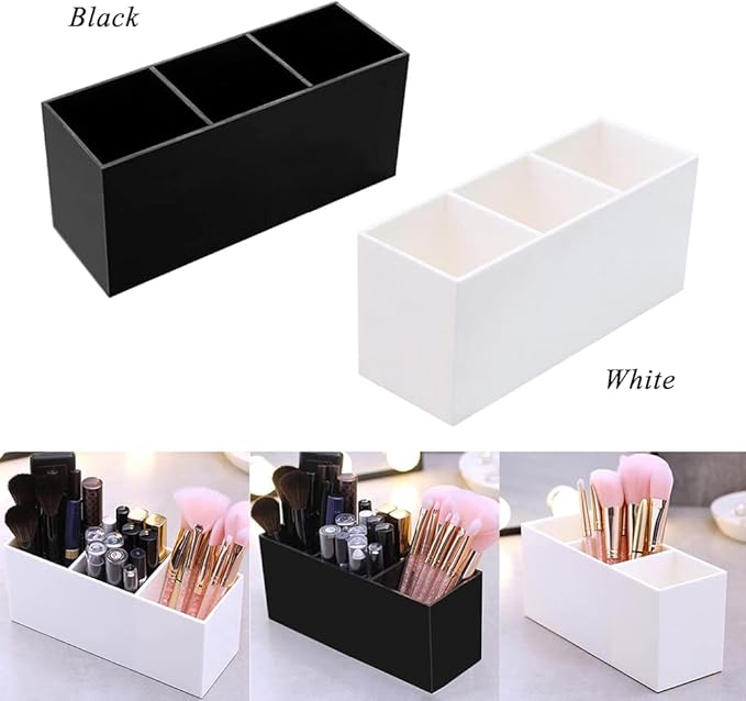 AKOAK 1 Pack Black and White Three Grid desktop Storage Box, Girl Makeup Brush Lipstick Eyebrow Pencil Display Stand, Office Pen Holder, Dressing Table, Bathroom Makeup Tool Storage Box (Black)
