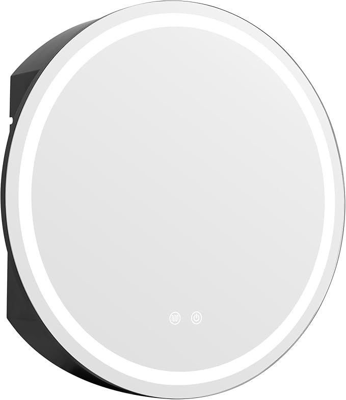 WallBeyond 24 in Round LED Medicine Cabinet with Mirror, Black Bathroom Cabinet with Storage, 3 Color Stepless Dimmable Lights, Anti-Fog, Memory Function, Hardwired, Surface Mount