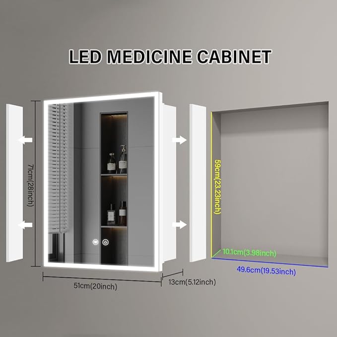 Smart Bathroom Medicine Cabinet with Integrated 3-Color LED Lighting, 20x28inch, White, Demister, USB Socket, and Recessed or Surface Mount Option