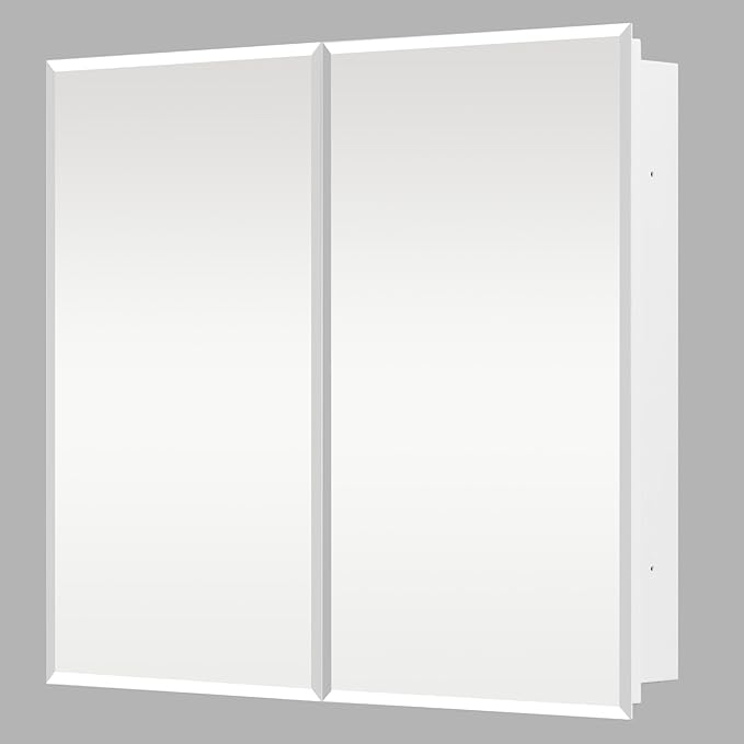Medicine Cabinet with Mirror, 32x26 Inch Bathroom Mirrored Cabinet with Double Doors, Extra Storage Space, Bevel Mirror Wall Cabinet, Recessed or Surface Mount