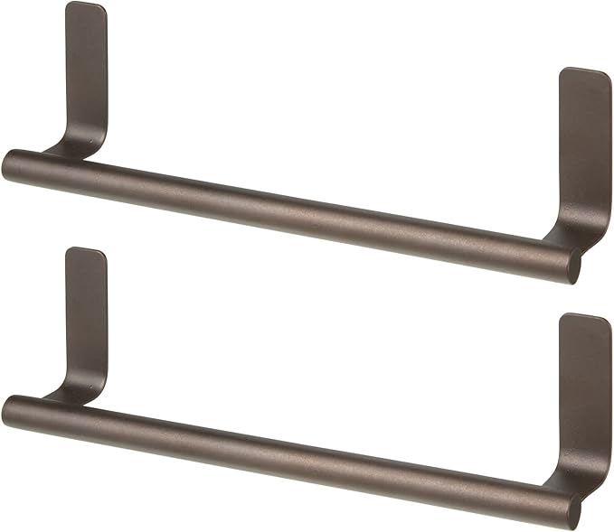 mDesign Steel Wall-Mounted Towel Rack Storage Holder - Self-Adhesive Space Saving Bar for Kitchen - Holds Hand and Dish Towels - Stick on Doors, Cabinet, Cupboard - Omni Collection - 2 Pack - Bronze
