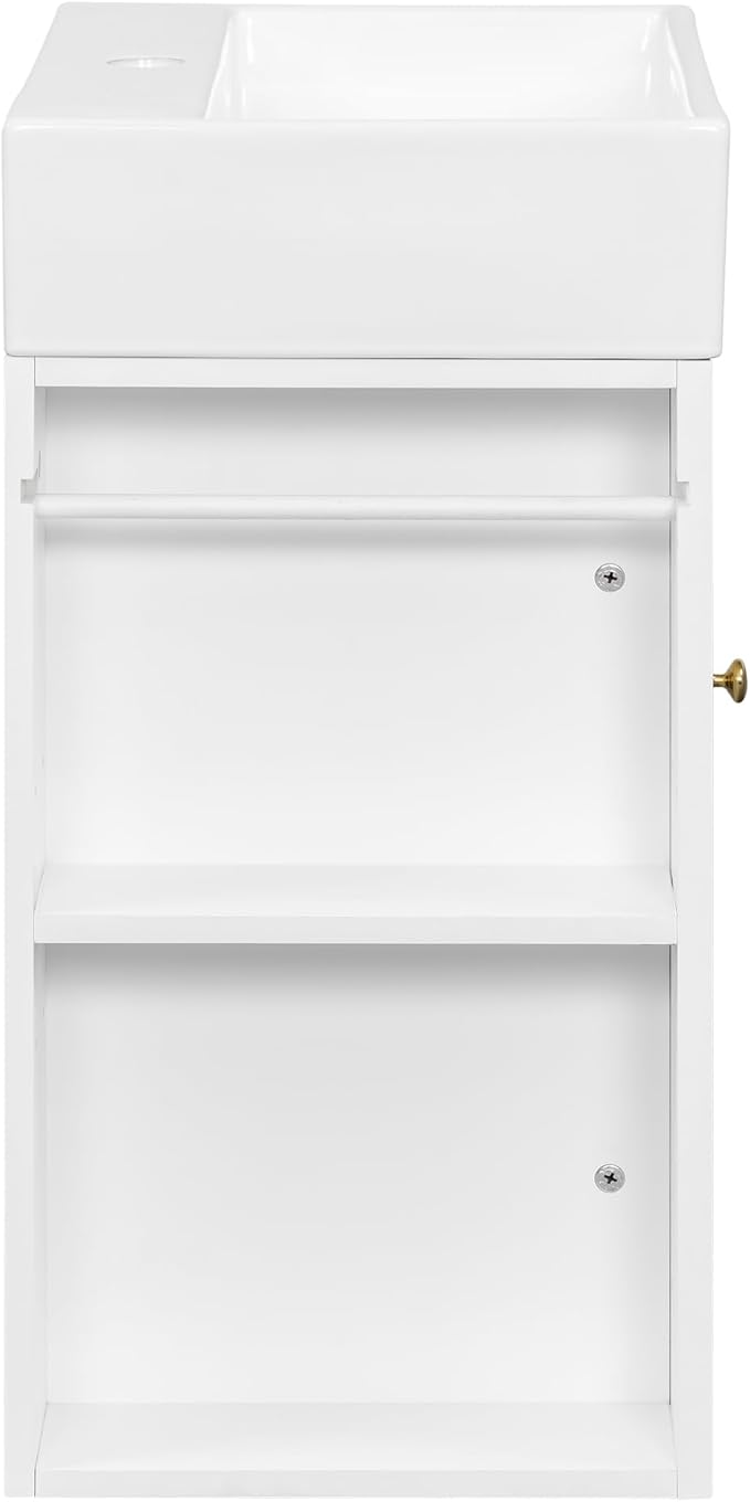 Virubi 20" Floating Bathroom Vanity with Sink, Soft Closing Door,and Storage Shelves, Solid Wood Frame & MDF Modern Single Small Bathroom Vanity Cabinet with Open Shelf,Wall Mounted (White)