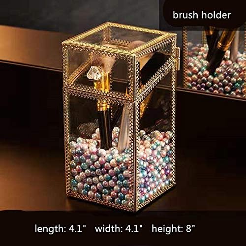 Maxwelly Makeup Brush Holder, Glass Makeup Organizer, Vintage Gold Brush Holder with Lid and Free Pearls, Dustproof Makup Container