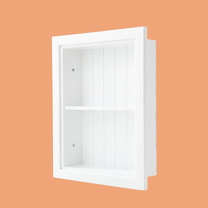 14 × 18 Medicine Cabinet Recessed, Wall Niche, Bathroom Wall Cabinet, 3-Tier, Between Studs Shelving for Drywall, (Beadboard Back/White)