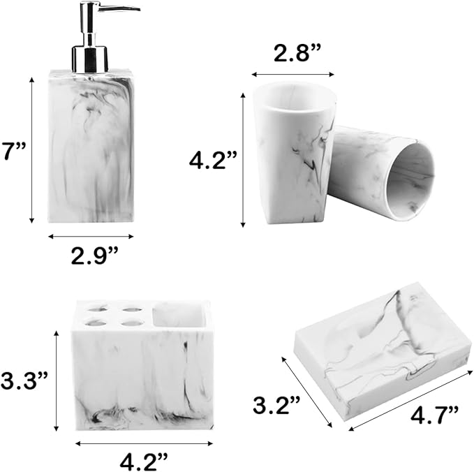 5 Piece Bathroom Accessories Set, Marble Resin Bathroom Vanity Set, Soap Dispenser, Toothbrush Holder, Soap Dish & 2 Tumblers, Bathroom Countertop Organizer Set (Ink White)