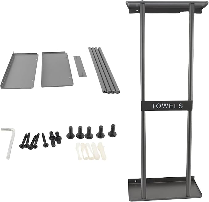 Vertical Towel Rack Wall Mounted - Metal Rolled Towel Holder, 31 Inch Black Space Saving Bathroom Storage Shelf for Shower, Toilet & RV (Grey)