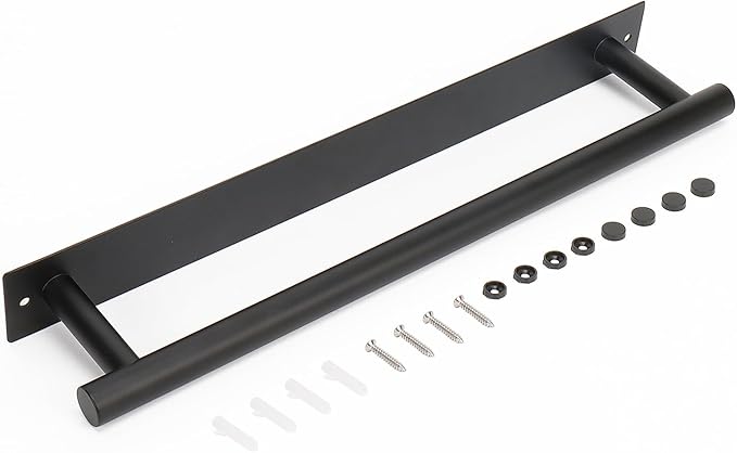 Self Adhesive Towel Bar, 16 Inch Round Towel Racks for Bathroom Wall Mounted SUS304 Stainless Steel Towel Hanger for Kitchen, No Drill or Screw-Mounted Towel Holder (Matte Black)