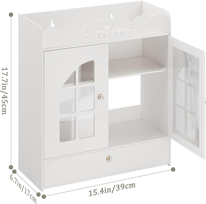 Wall-Mounted Bathroom Cabinet, Punch-Free Bathroom Storage Organizer with Hollow Flower Carving, Bathroom Wall Shelf Bathroom Storage Cabinet with 2 Doors & Drawer, Ideal for Cosmetics Toile
