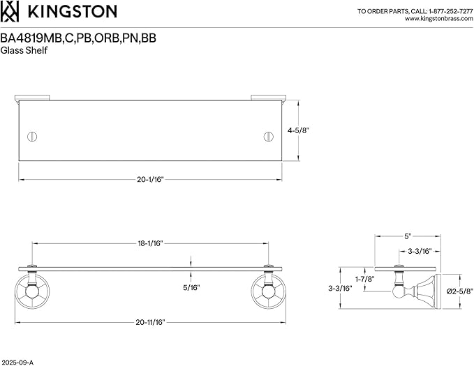 Kingston Brass BA4819BB Metropolitan Glass Shelf, Brushed Brass