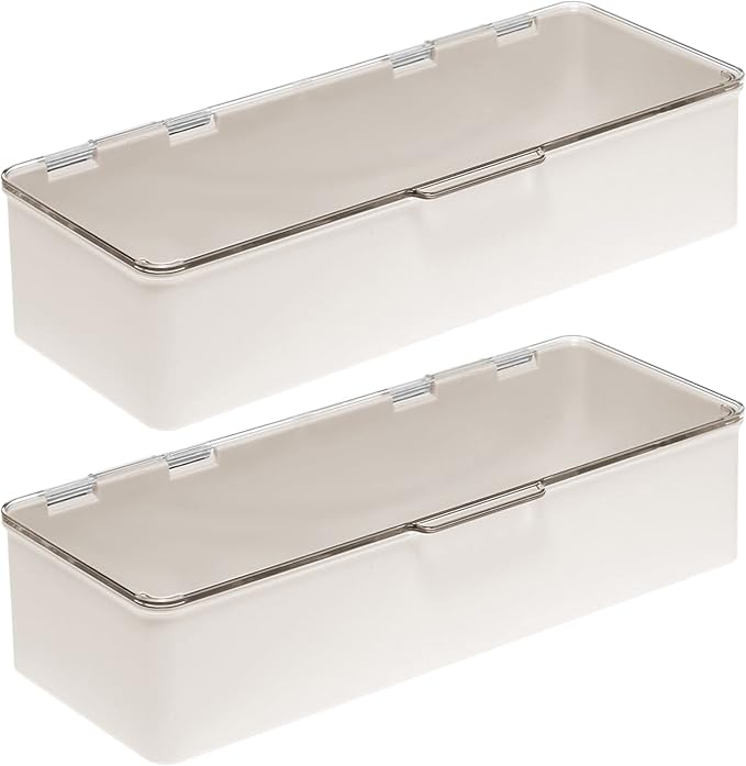 mDesign Long Plastic Cosmetic Storage Organizer Box Containers, Hinged Lid for Bedroom, Bathroom Vanity Shelf or Cabinet, Holds Masks, Palettes, Lotion, Nail Polish, 2 Pack, Cream/Beige/Clear
