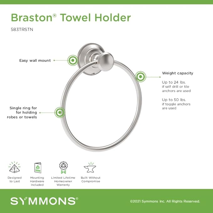Symmons Braston Wall Mounted Bathroom Towel Ring in Satin Nickel - 583TRSTN