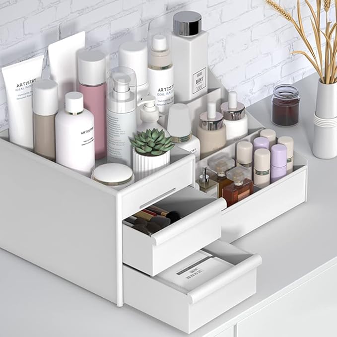 Makeup Desk Cosmetic Storage Box Organizer with Drawers for Dressing Table, Vanity Countertop, Bathroom Counter, Elegant Holder Brushes, Eyeshadow, Lipstick & Nail Polish, White