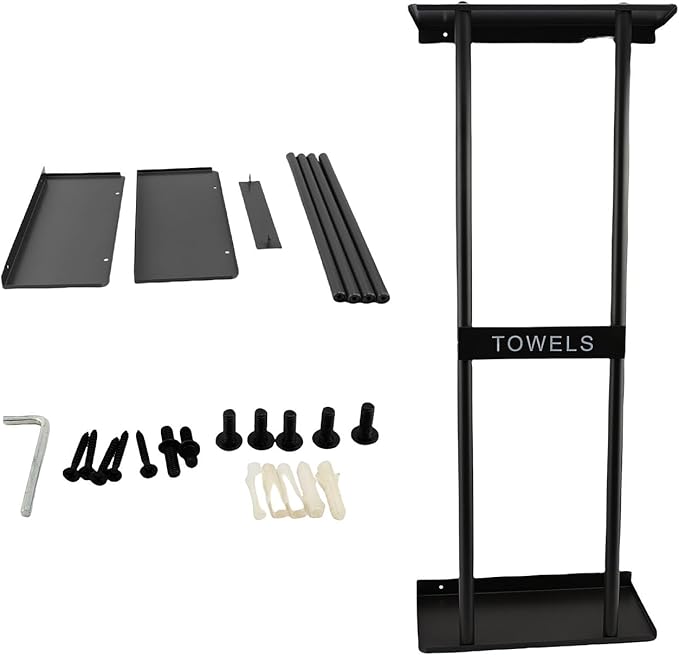 Vertical Towel Rack Wall Mounted - Metal Rolled Towel Holder, 31 Inch Black Space Saving Bathroom Storage Shelf for Shower, Toilet & RV (Black)