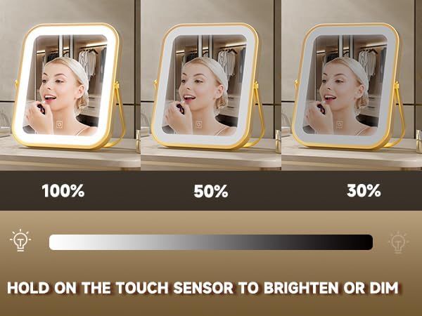 PRIMETEK Vanity Mirror with Lights, 10"x8" LED Lighted Makeup Mirror, Portable Makeup Mirror with Lights, Touch Screen, 3-Color Lighting, for Vanity Desk Tabletop, Bedroom