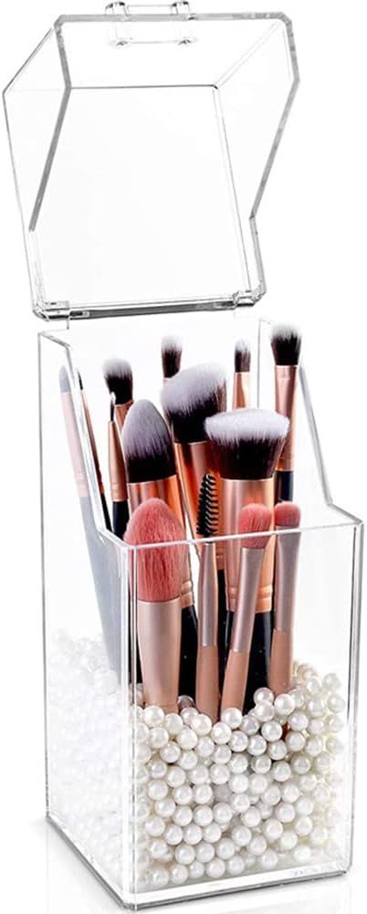 EUBUY Acrylic Makeup Organizer, Clear Cosmetic Makeup Brush Organizer and Storage Box with Cover for Vanity, Large-capacity Quickly Organize the Desktop(No pearls)