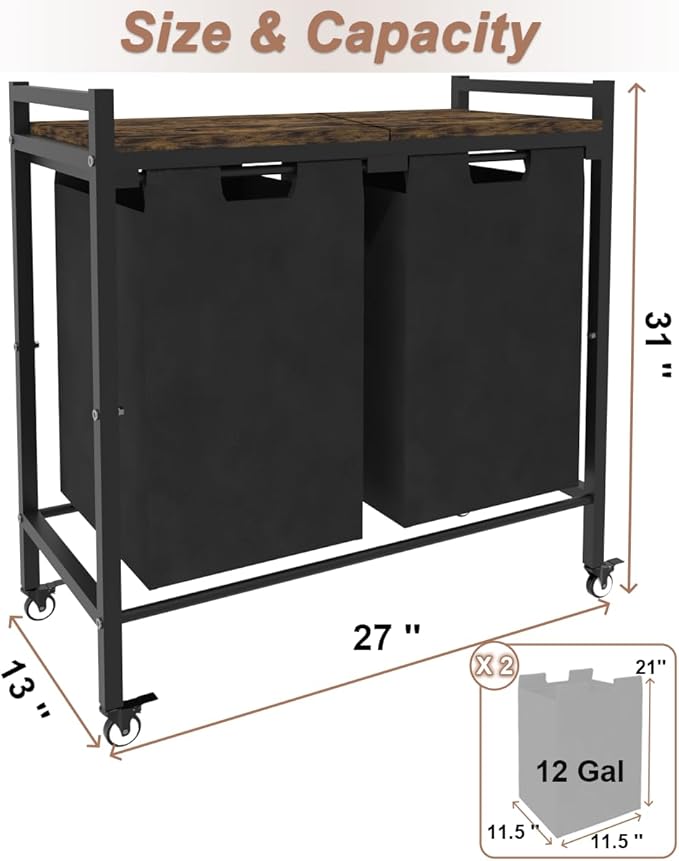 12 x 2 Gal Large Laundry Hamper with Wheels, 2 Pull-Out & Removable Sorter Bags, Freestanding Clothes Basket Organizer for Clothing or Toys in Bathroom and Living Room, Rustic Brown and Black