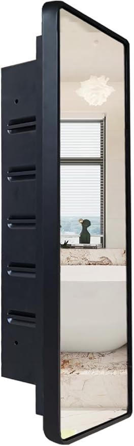Black Medicine Cabinet 16x20 inch, Bathroom Mirror with Storage, Recessed or Wall Mounted Farmhouse Cabinets, Metal Framed, Adjustable Shelves, One Door Open Left or Right