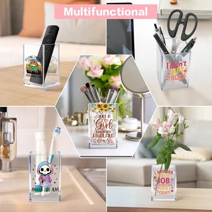 Ask Me About My Job I'm Fine Thanks Acrylic Pencil Pen Holder Cup Set 2, Funny Pencil Holder Desk Organizer, Dumpster Fire Desk Accessories, Sarcastic Office Gifts for Women Men Teacher Coworker