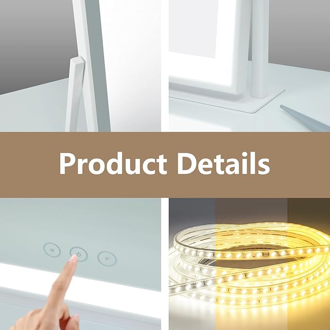 Acoolda Vanity Mirror with Lights, Large Makeup Mirror with Lights, LED Lighted Makeup Mirror with 3 Color Light Modes, Smart Touch Tabletop Mirror for Makeup Desk 360° Rotation 22.8" x 18" White