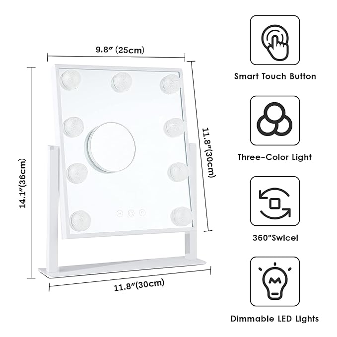BWLLNI Vanity Mirror with Lights, Hollywood Lighted Makeup Mirror with 3 Color Modes and 9 Dimmable Diamond LED Light Bulbs, Detachable 10X Magnification, 360° Rotation, Touch Control, White