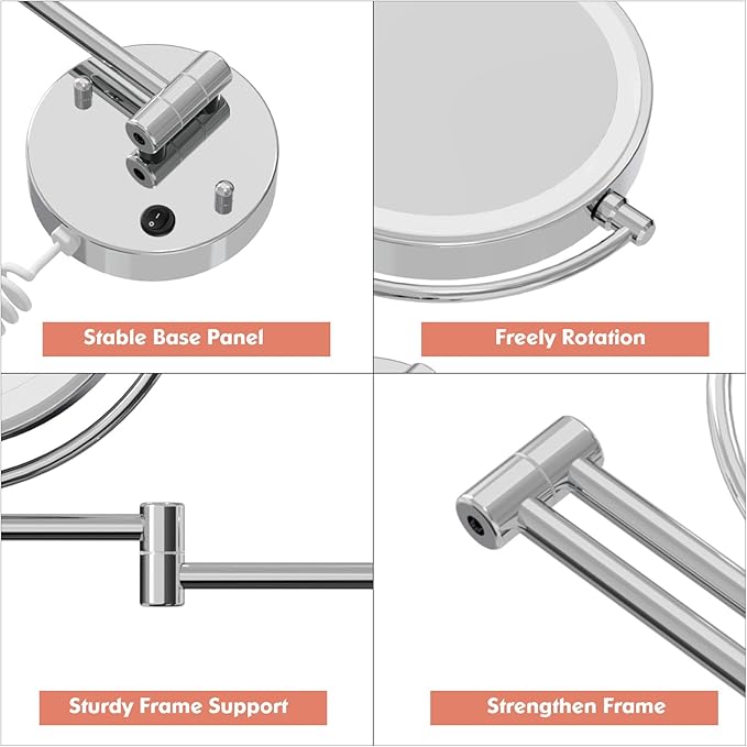 FASCINATE Upgraded Wall Mounted Makeup Mirror with Lights, Super Large Double Sided 1X/10X Magnifying Mirror for Bathroom, 360ยฐ Swivel Extendable Plug Touch Sensor Vanity Mirror