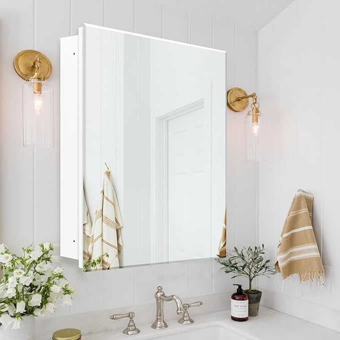 28"x28" Medicine Cabinet,HD Bathroom Mirror Cabinet with Beveled Mirror,Removeable Shelves, Recessed and Surface Mount,Frameless Bathroom Mirror with Storage