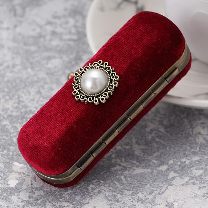 Alipis Retro Velvet Lipstick Organizer Box with Mirror Compact Cosmetic Storage Case Portable Lip Balm Holder 3.93X1.37X0.98 Inches Vintage Makeup Organizer for Travel and Daily Use