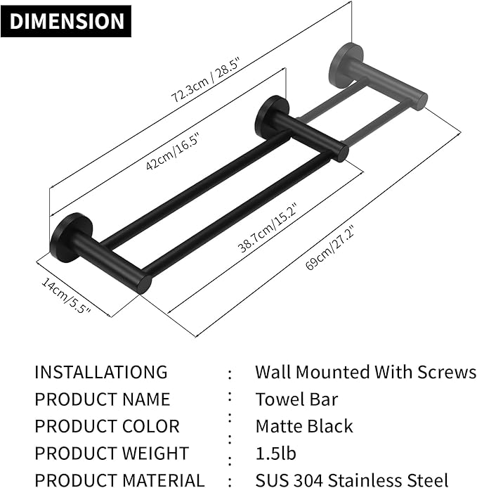 RUMOSE Bath Towel Bar 15 to 27 Inch Black Retractable Double Tower Holder Hanger Expandable Bathroom Bathroom Accessories Tower Racks