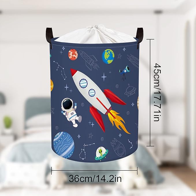 Clastyle 45L Rocket Astronaut Laundry Hamper for Bedroom Waterproof Collapsible Blue Universe Toys Storage Basket with Drawstring, 14.2 * 17.7 in