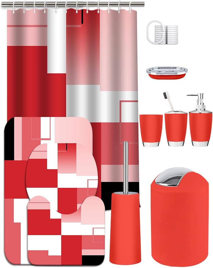 Lnond Red Bathroom Set, 22-Piece Red Geometry Bathroom Decor Set with with Shower Curtain and Rugs, Trash Can, Toilet Brush Holder Set & Soap Dispenser