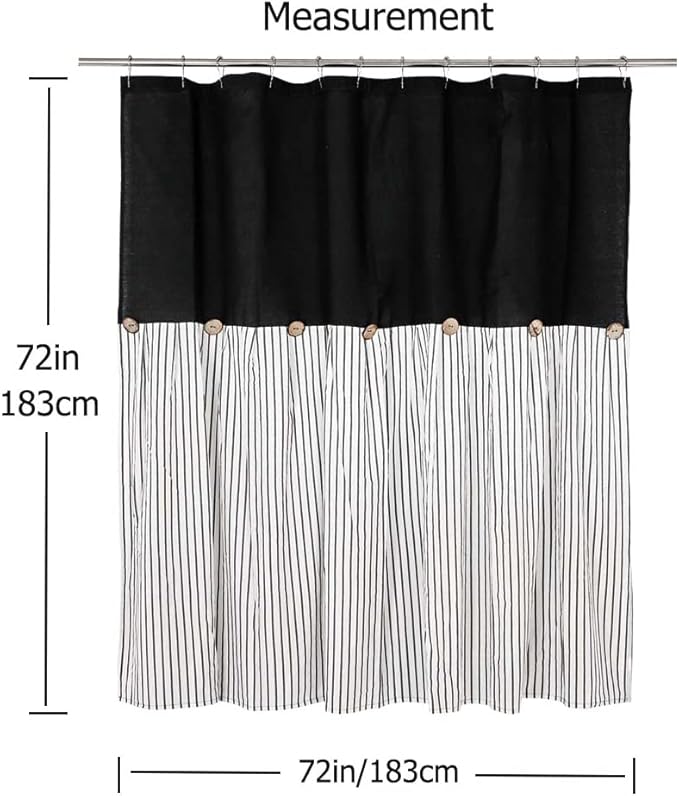 Farmhouse Black Shower Curtain, Beige and Black Stripe, Button Curtain, Linen and Cotton Woven Fabric, Rustic Charm Country Chic Style, 72x72 in