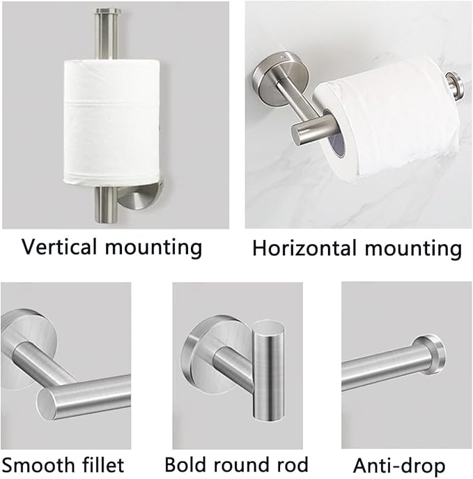 5-Pieces Bathroom Hardware Set, SUS304 Stainless Steel Towel Rack Set, 16" Hand Towel Rack, Toilet Paper Rack, 3 Bathrobe Towel Hooks, Bathroom Accessories, Towel Rack Set(Brushed Nickel)