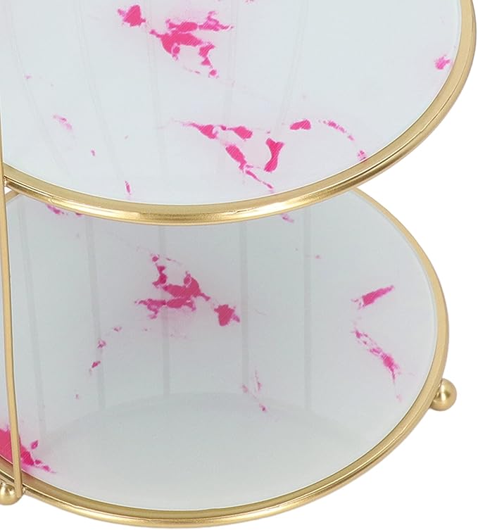 Double Layer Storage Shelf Bird Cage Organizer Display Rack for Bathroom Countertop Dressing Table Gold Frame (Pink Stone Pattern)